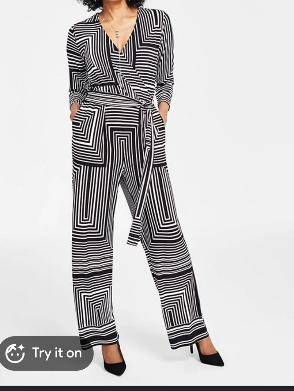 New Black & White Geometric Wrap Jumpsuit INC International Concepts